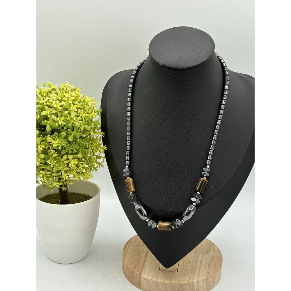 Vintage Hematite Tiger Eye Bead Necklace Barrel Clasp Magnetic Stone 17" - Picture 2 of 6